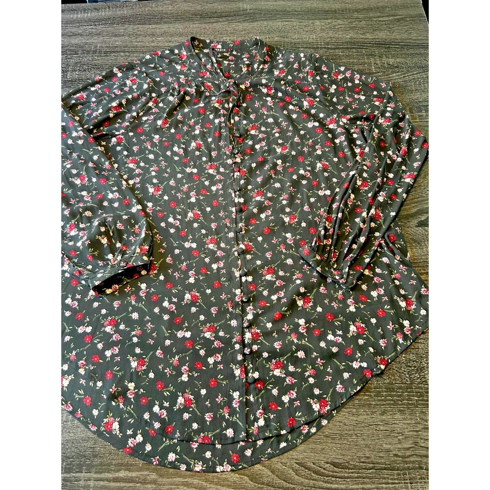 Torrid Floral Blouse 1X Black Red Pink Button Front Boho Cottagecore Chic
